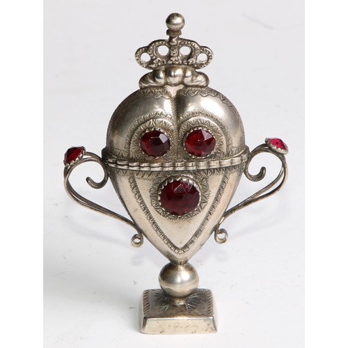 882 - A Danish silver heart shaped hovedvandsaeg marriage box, set with red stones, hinged cover crested b... 