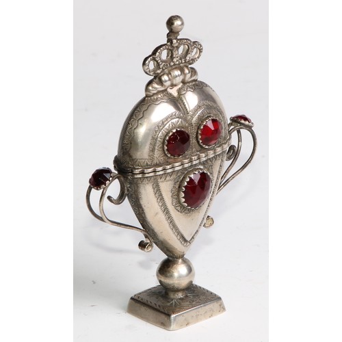 882 - A Danish silver heart shaped hovedvandsaeg marriage box, set with red stones, hinged cover crested b... 