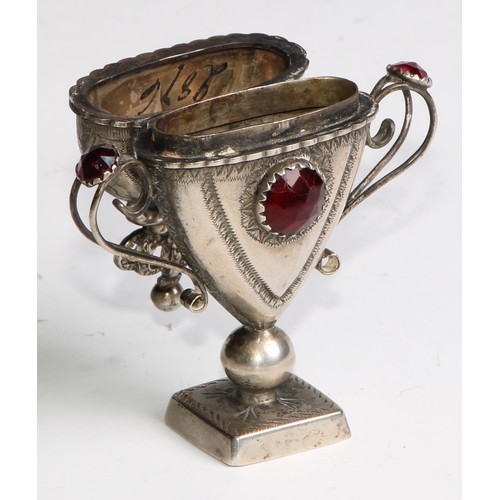 882 - A Danish silver heart shaped hovedvandsaeg marriage box, set with red stones, hinged cover crested b... 