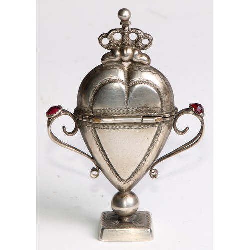 882 - A Danish silver heart shaped hovedvandsaeg marriage box, set with red stones, hinged cover crested b... 