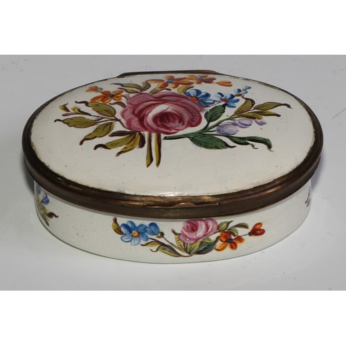 2239 - A George III South Staffordshire oval snuff box, painted with sprays of summer flowers, hinged cover... 