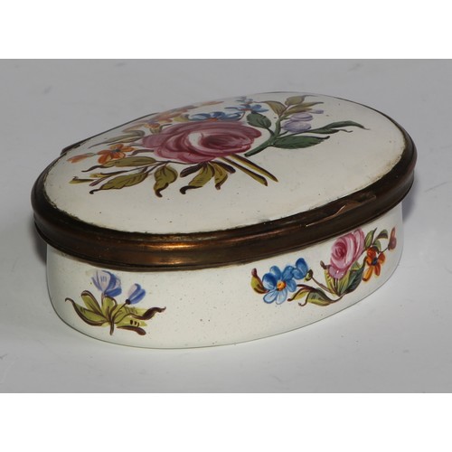 2239 - A George III South Staffordshire oval snuff box, painted with sprays of summer flowers, hinged cover... 