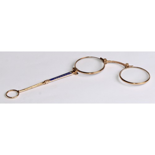 2276 - An early 20th century gold coloured metal and enamel lorgnette, 14cm long, c.1910