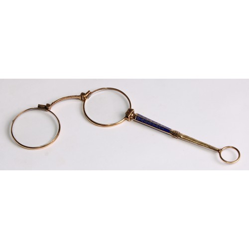 2276 - An early 20th century gold coloured metal and enamel lorgnette, 14cm long, c.1910