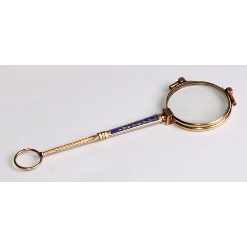 2276 - An early 20th century gold coloured metal and enamel lorgnette, 14cm long, c.1910