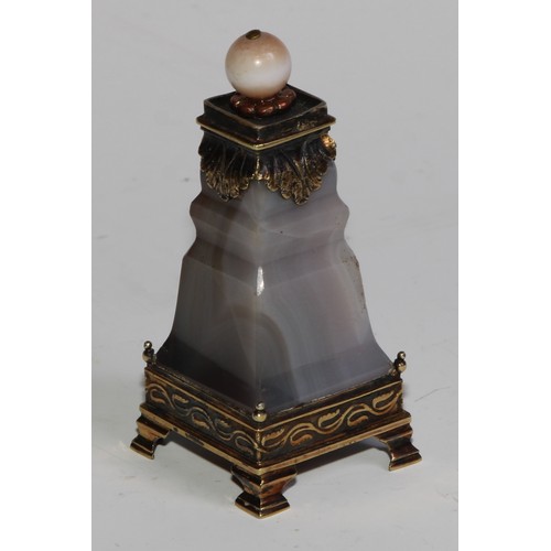 2143 - A 19th century polished alabaster desk seal, blood agate matrix, 7cm long; a silver-gilt coloured me... 