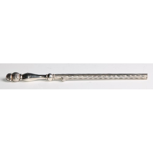 1218 - Judaica - a silver Shabbat candle lighter, wrythen shaft and pommel, sliding mechanism, 23.5cm long,... 