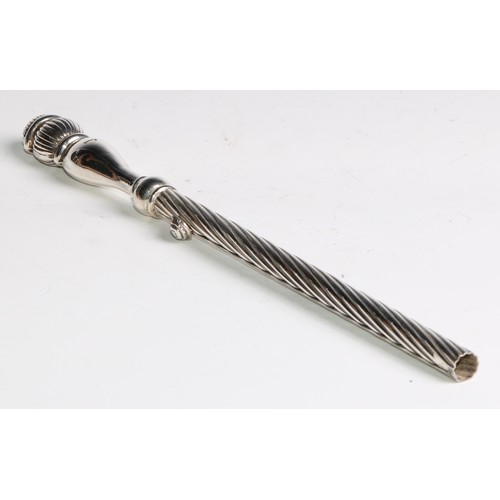 1218 - Judaica - a silver Shabbat candle lighter, wrythen shaft and pommel, sliding mechanism, 23.5cm long,... 