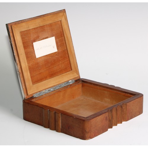 990 - A large Continental Art Deco silver and walnut shaped rectangular cigar box, hinged engine turned co... 