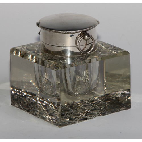 1169 - An Edwardian silver mounted novelty combination inkwell and desk timepiece or pocket watch holder, h... 