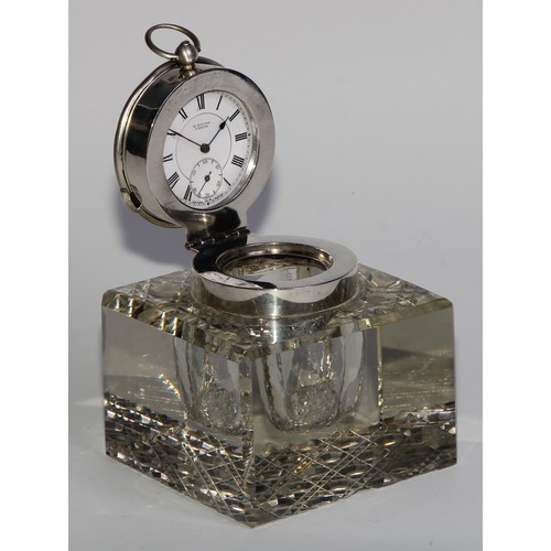 1169 - An Edwardian silver mounted novelty combination inkwell and desk timepiece or pocket watch holder, h... 