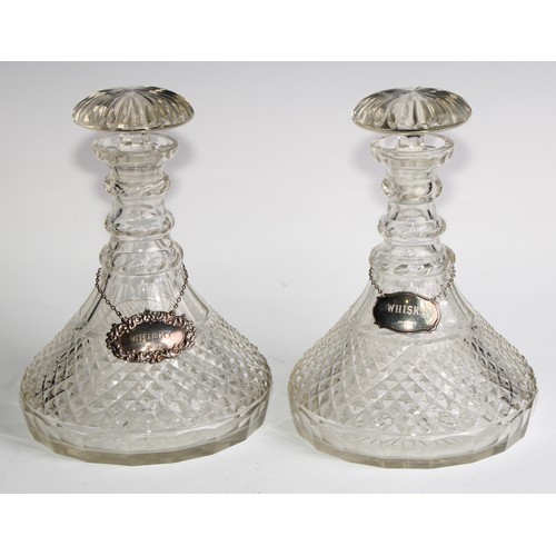 321 - A pair of 19th century hobnail-cut glass ship’s decanters, mushroom stoppers, star-cut bases, 25cm h... 