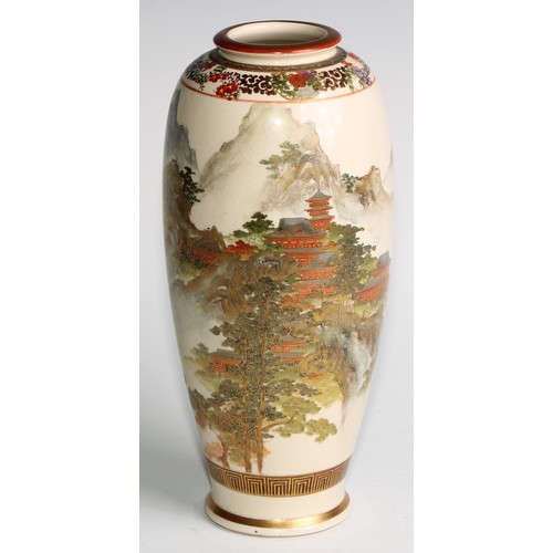 438 - A Japanese satsuma ovoid vase, painted with pagodas in a monumental landscape, 26cm high, signed, Me... 