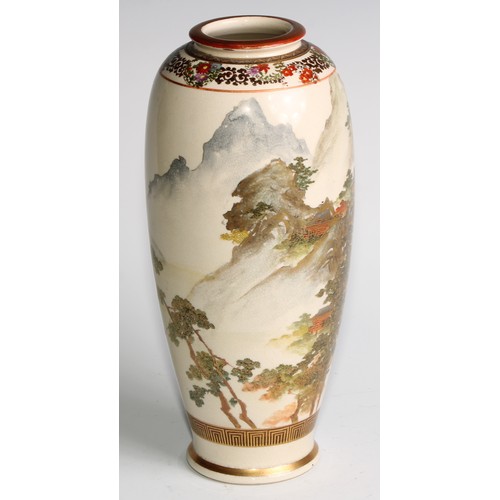 438 - A Japanese satsuma ovoid vase, painted with pagodas in a monumental landscape, 26cm high, signed, Me... 