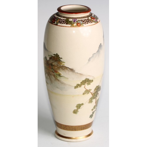 438 - A Japanese satsuma ovoid vase, painted with pagodas in a monumental landscape, 26cm high, signed, Me... 