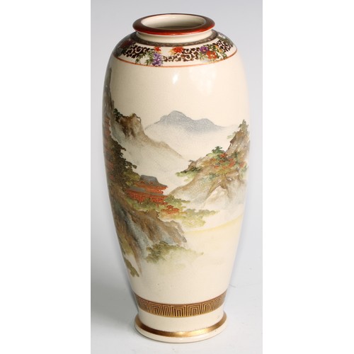 438 - A Japanese satsuma ovoid vase, painted with pagodas in a monumental landscape, 26cm high, signed, Me... 