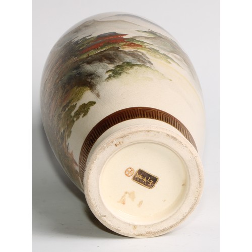 438 - A Japanese satsuma ovoid vase, painted with pagodas in a monumental landscape, 26cm high, signed, Me... 