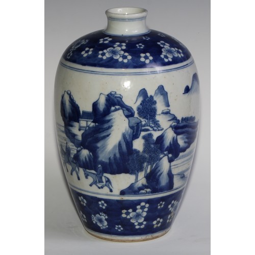 400 - A Chinese ovoid vase, painted in tones of underglaze blue with figures riding donkeys in a monumenta... 