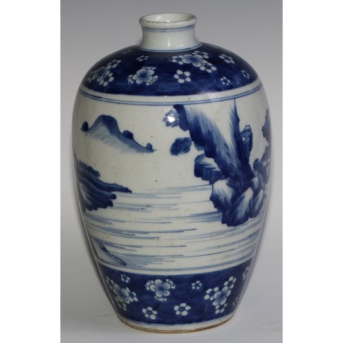 400 - A Chinese ovoid vase, painted in tones of underglaze blue with figures riding donkeys in a monumenta... 