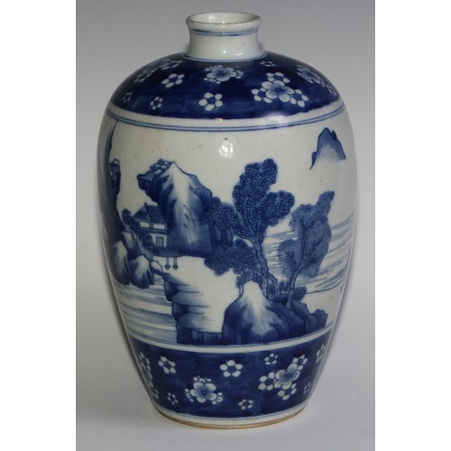 400 - A Chinese ovoid vase, painted in tones of underglaze blue with figures riding donkeys in a monumenta... 