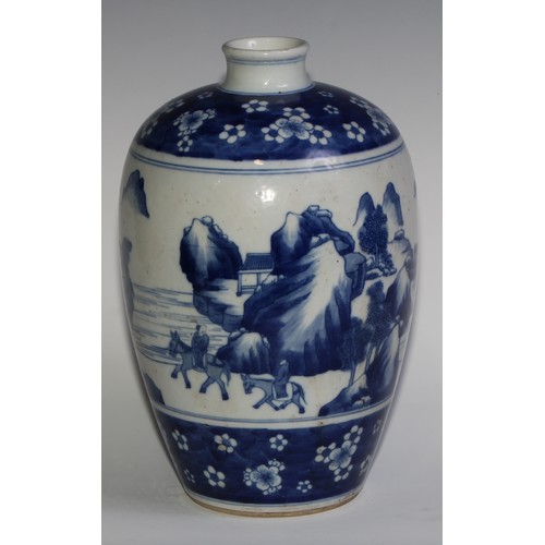 400 - A Chinese ovoid vase, painted in tones of underglaze blue with figures riding donkeys in a monumenta... 