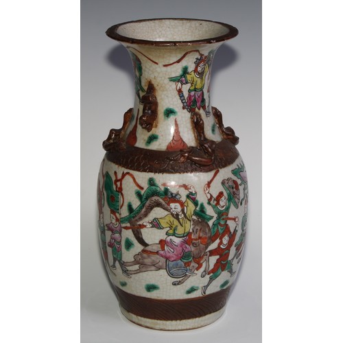 364 - A Chinese crackle glaze ovoid vase, painted in polychrome enamels with warriors, 34cm high, seal mar... 