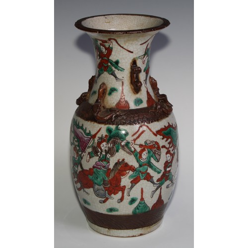 364 - A Chinese crackle glaze ovoid vase, painted in polychrome enamels with warriors, 34cm high, seal mar... 