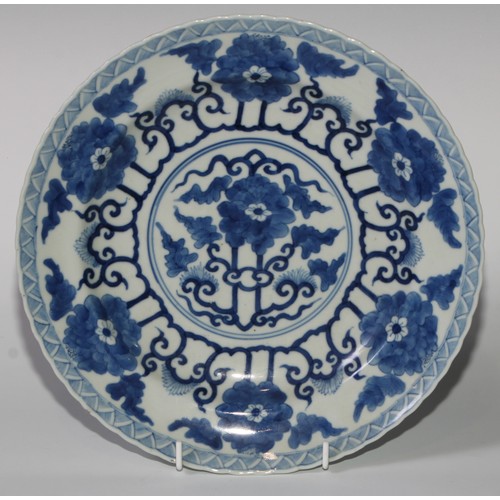 470 - A pair of Chinese shaped circular dishes, painted in tones of underglaze blue with flowers and scrol... 