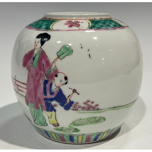 392 - A Chinese ovoid ginger jar, painted in polychrome enamels with figures, 12cm high; another, similar,... 