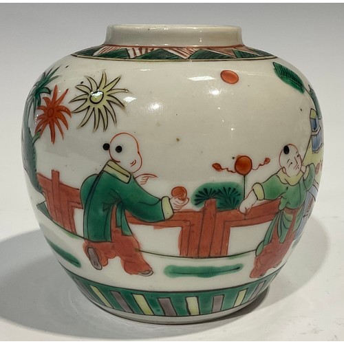 392 - A Chinese ovoid ginger jar, painted in polychrome enamels with figures, 12cm high; another, similar,... 