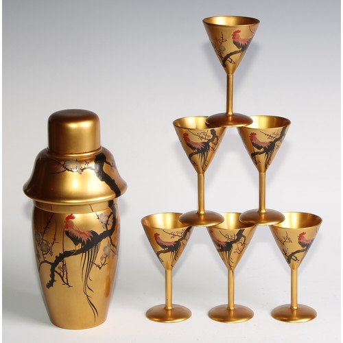 487 - An Art Deco period Japanese lacquer cocktail set, comprising shaker and six conical stem cups, each ... 