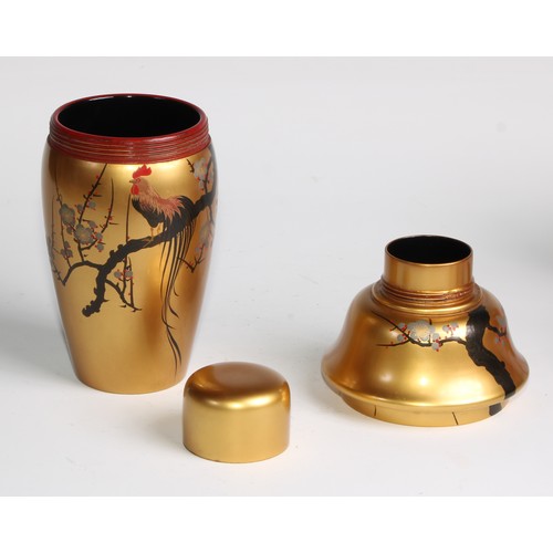 487 - An Art Deco period Japanese lacquer cocktail set, comprising shaker and six conical stem cups, each ... 