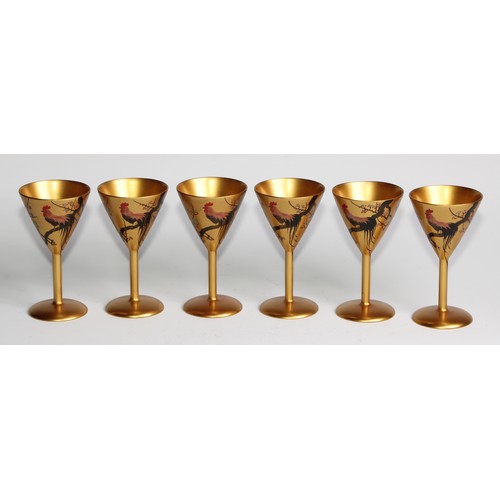 487 - An Art Deco period Japanese lacquer cocktail set, comprising shaker and six conical stem cups, each ... 