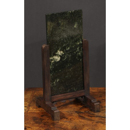 387 - A Chinese table screen, the rectangular green marble banner quite plain, hardwood stand, 32cm high, ... 