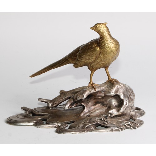 468 - Japanese School (Meiji period), a gilt and silvered bronze, of a pheasant on a prunus root above wav... 