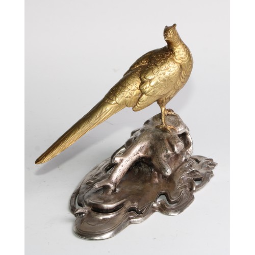 468 - Japanese School (Meiji period), a gilt and silvered bronze, of a pheasant on a prunus root above wav... 