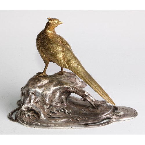 468 - Japanese School (Meiji period), a gilt and silvered bronze, of a pheasant on a prunus root above wav... 