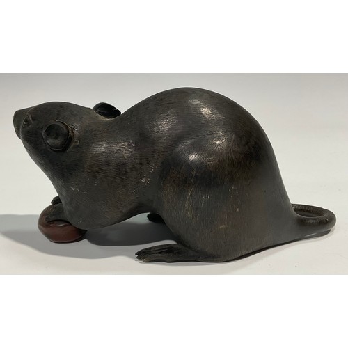 467 - Japanese School (Meiji period), a dark and brown patinated bronze, of a rat holding a chestnut, 19cm... 