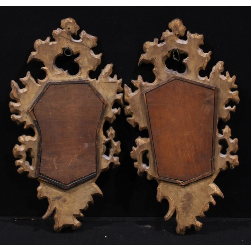 2527 - A pair of Rococo giltwood cartouche shaped looking glasses, each mirror plate within a bold border c... 