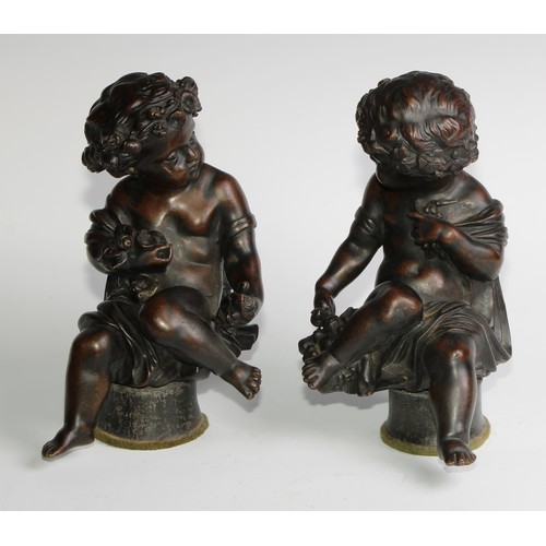 1768 - Alfred Boucher (French, 1850-1934), after, a pair of brown patinated bronzes, Putti, each loosely dr... 