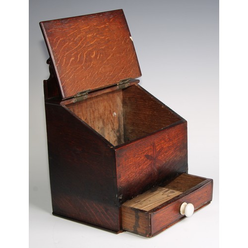 2472 - A George III oak salt or candle box, shaped cresting, hinged sloping cover above a drawer, inlaid wi... 