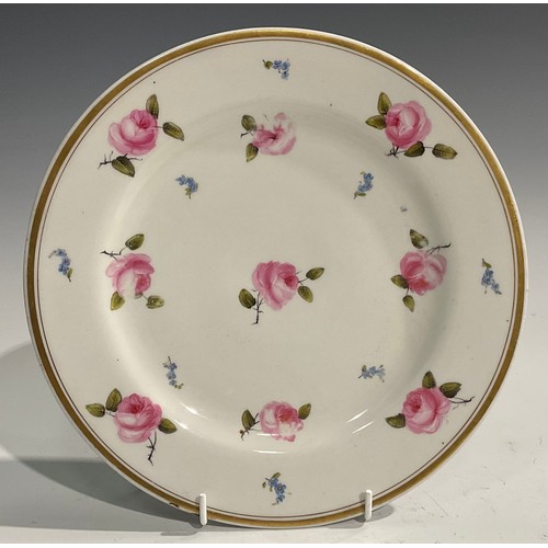 123 - A Flight Barr & Barr circular plate, painted with scattered pink roses and forget me nots, gilt band... 