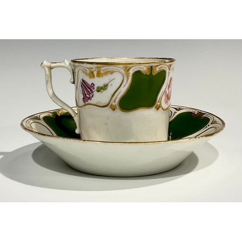 243 - A Derby 'Trotter' pattern coffee can and saucer, painted with summer flowers and green alternating p... 