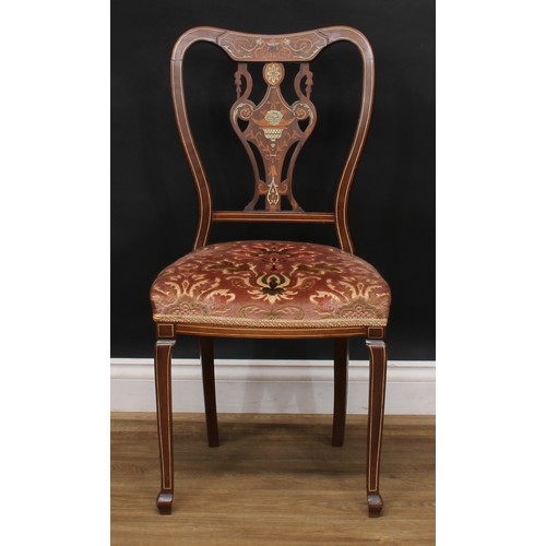 2550 - A set of four late Victorian/Edwardian mahogany, rosewood and ivorine marquetry dining chairs, by Ja... 