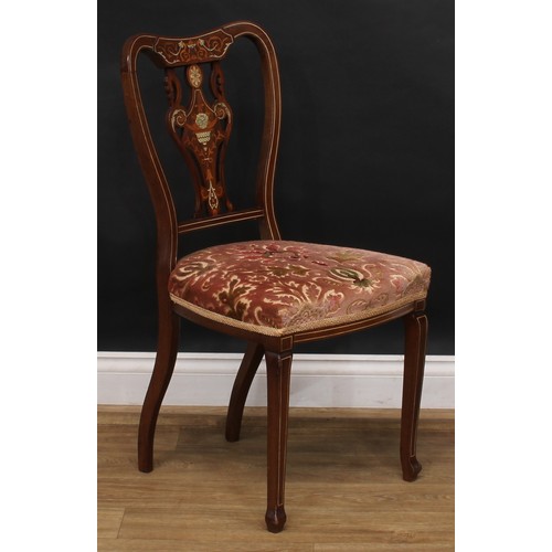 2550 - A set of four late Victorian/Edwardian mahogany, rosewood and ivorine marquetry dining chairs, by Ja... 