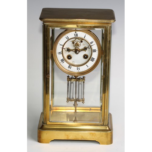 2387 - A late 19th century French lacquered brass four glass mantel clock, 9.5cm dial with Arabic chapter i... 