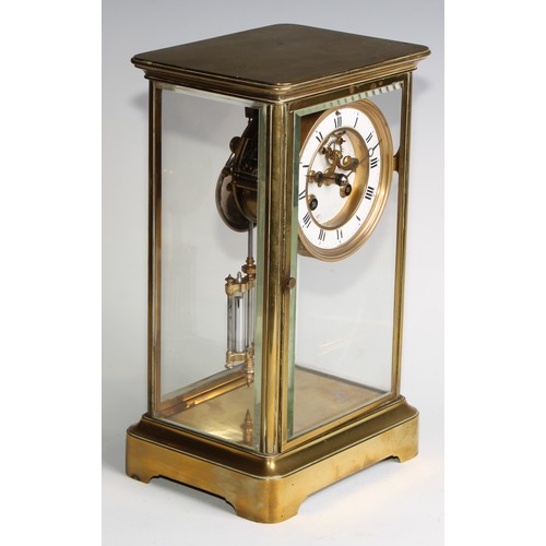 2387 - A late 19th century French lacquered brass four glass mantel clock, 9.5cm dial with Arabic chapter i... 