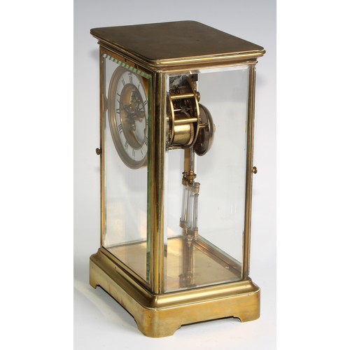 2387 - A late 19th century French lacquered brass four glass mantel clock, 9.5cm dial with Arabic chapter i... 