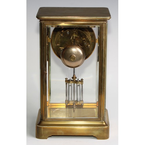 2387 - A late 19th century French lacquered brass four glass mantel clock, 9.5cm dial with Arabic chapter i... 