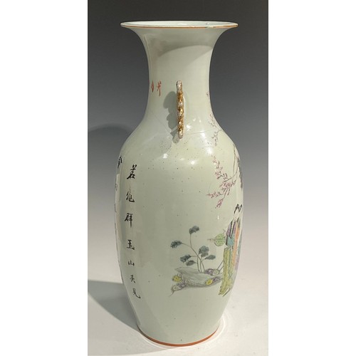 445 - A large Chinese two handled ovoid vase, painted in polychrome with ladies of the court, script to ve... 